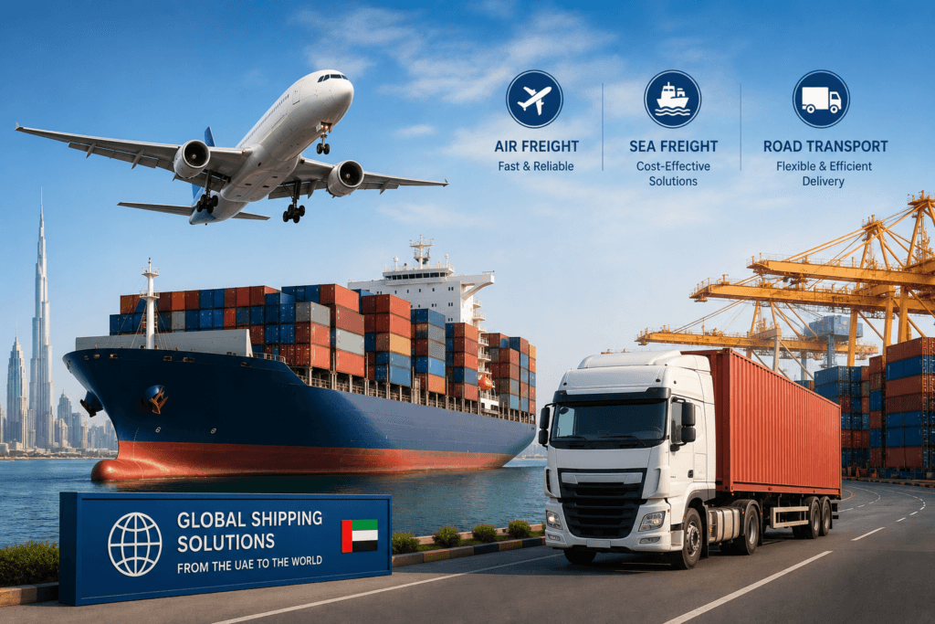 Air freight, sea freight, and road transportation used for international shipping from the UAE.