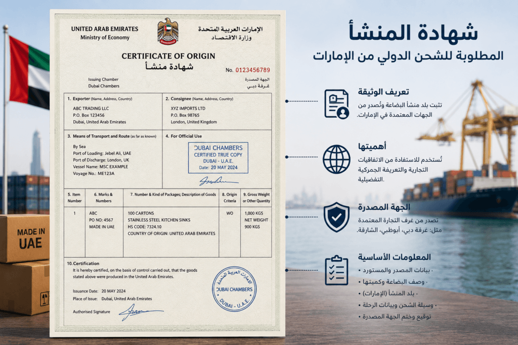 شهادة المنشأ المطلوبة للشحن الدولي من الإمارات
تعد شهادة المنشأ من أهم الوثائق المطلوبة في عمليات التصدير التجاري