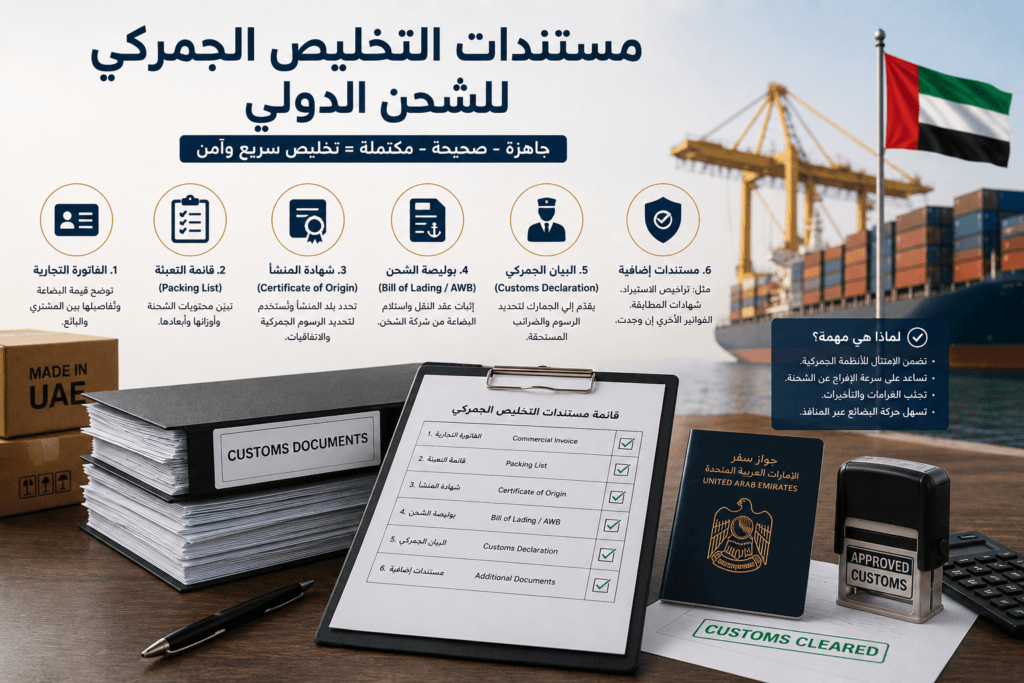 مستندات التخليص الجمركي للشحن الدولي
موظف جمارك يراجع مجموعة من مستندات الشحن الدولي بجوار حاويات شحن داخل ميناء حديث
تساعد المستندات الجمركية الصحيحة في تسريع الإفراج عن الشحنات