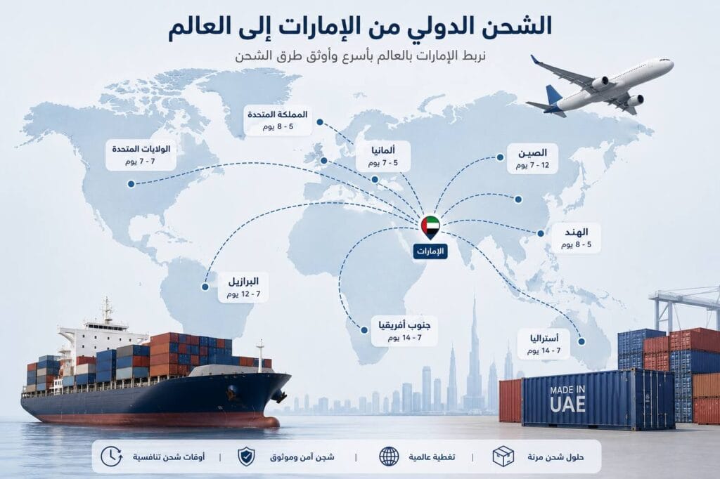 مدة الشحن من الإمارات إلى الدول المختلفة
خريطة توضح مسارات الشحن الدولي من الإمارات باستخدام الشحن الجوي والبحري إلى مختلف الوجهات العالمية