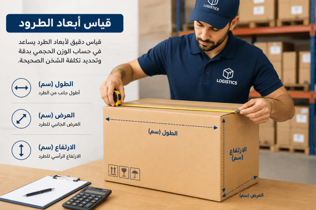 قياس أبعاد الكرتون لحساب الوزن الحجمي
موظف يقيس طول وعرض وارتفاع صندوق شحن باستخدام شريط قياس