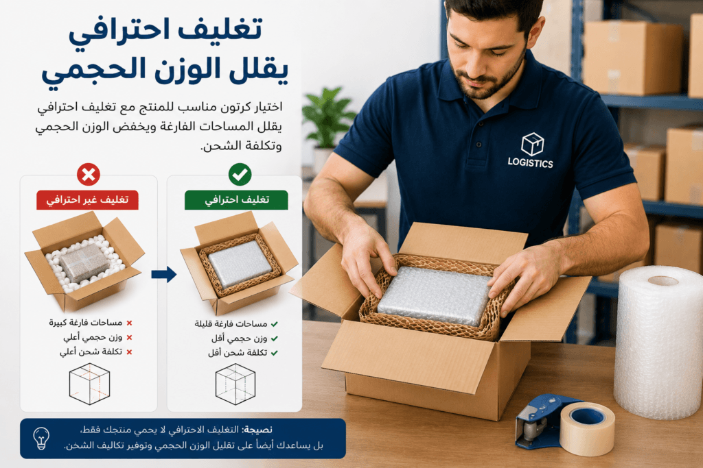 تقليل الوزن الحجمي للشحن الدوليموظف لوجستي يستخدم كرتونًا مناسبًا لحجم المنتج مع تغليف احترافي يقلل المساحات الفارغة