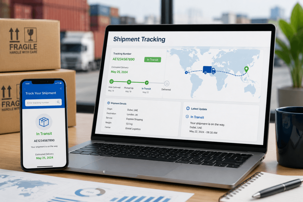 Real-time shipment tracking system showing cargo location during international shipping.