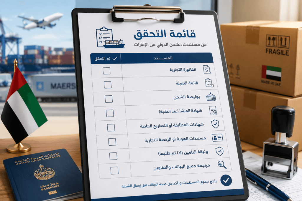 قائمة التحقق من مستندات الشحن الدولي من الإمارات
