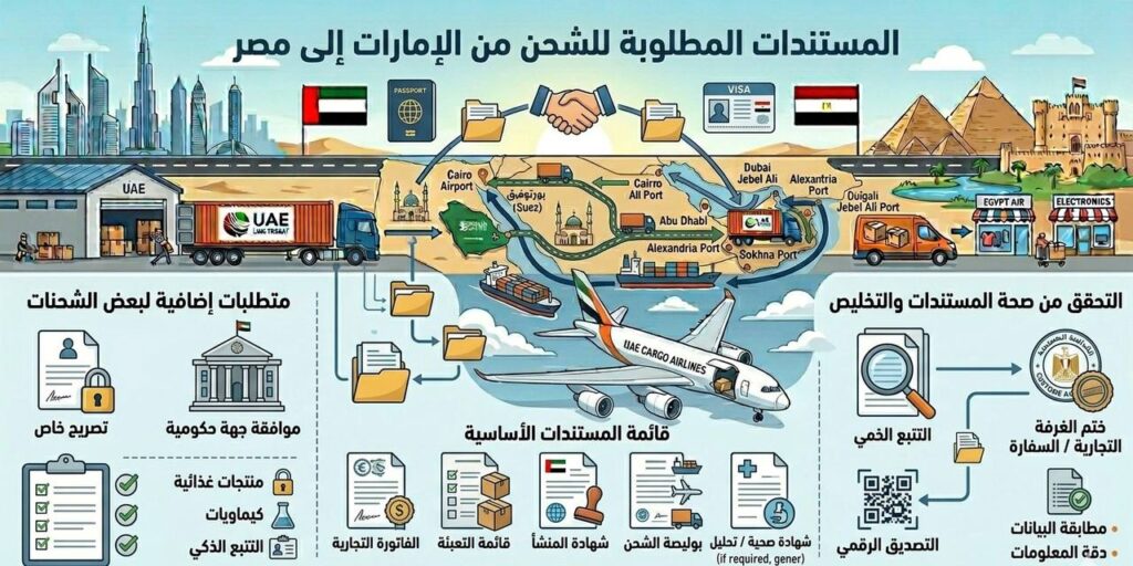 المستندات المطلوبة للشحن من الإمارات إلى مصر والفواتير التجارية
تعرف على أهم المستندات المطلوبة لإتمام عمليات الشحن من الإمارات إلى مصر بشكل قانوني وآمن.