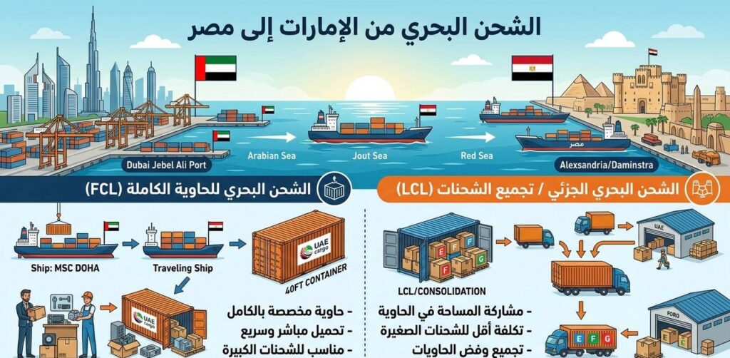 الشحن البحري من الإمارات إلى مصر ونقل الحاويات التجارية