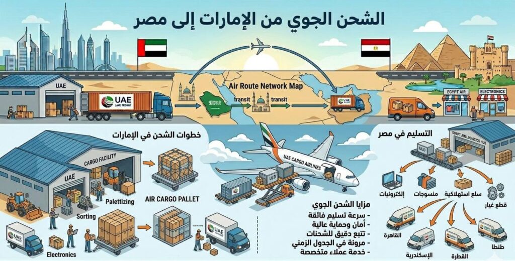 طائرة شحن لنقل البضائع من الإمارات إلى مصر
خدمات الشحن الجوي من الإمارات إلى مصر للشحنات العاجلة والبضائع ذات القيمة العالية.