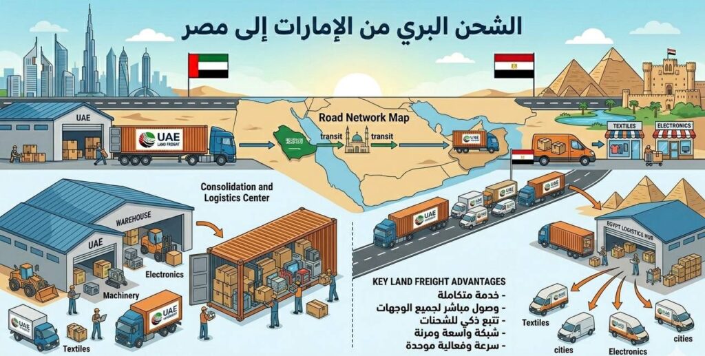 شاحنات نقل البضائع في خدمة الشحن 
خدمات النقل البري بين الإمارات ومصر لنقل البضائع والأثاث والمعدات بأمان.البري من الإمارات إلى مصر