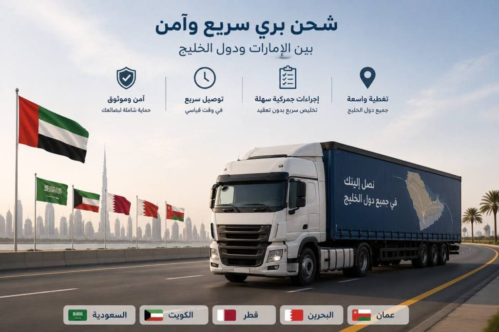 مدة الشحن من الإمارات إلى دول الخليج
شاحنة شحن دولي توضح سهولة النقل البري بين الإمارات ودول الخليج