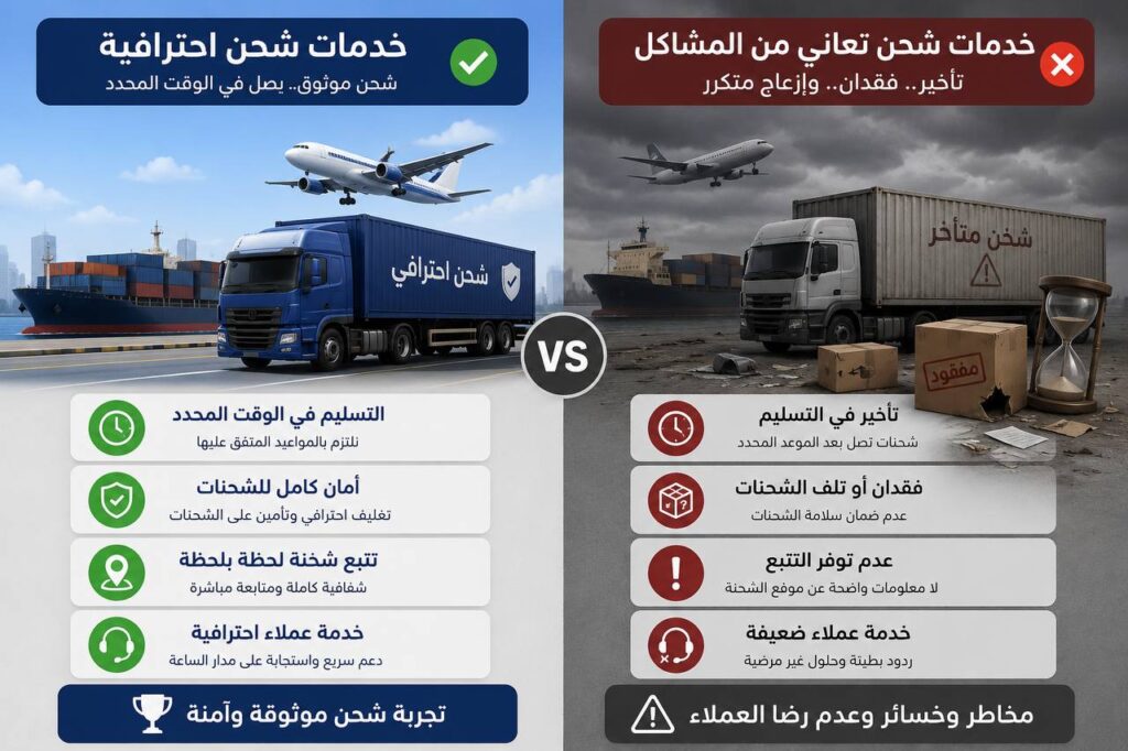 مقارنة بين شركة شحن احترافية وشركة غير موثوقة  تصميم توضيحي يظهر الفرق بين خدمات شحن احترافية وخدمات تعاني من التأخير وفقدان الشحنات