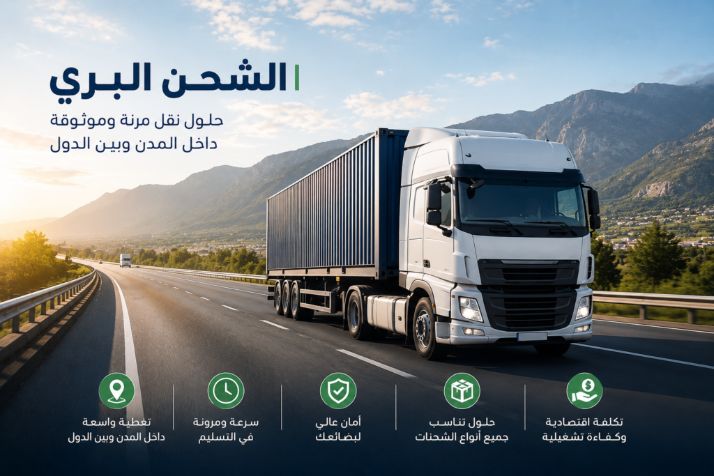 شاحنة نقل بضائع على طريق سريع تمثل خدمات الشحن البري المحلي والدوليشاحنة نقل بضائع على طريق سريع تمثل خدمات الشحن البري المحلي والدولي