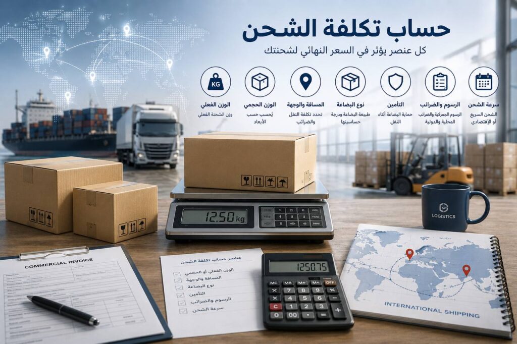العوامل التي تحدد تكلفة الشحن من الإمارات وأسعار النقل الدولي 
صورة توضح أهم العوامل التي تؤثر على أسعار الشحن من الإمارات مثل وزن الشحنة وطريقة النقل والوجهة النهائية