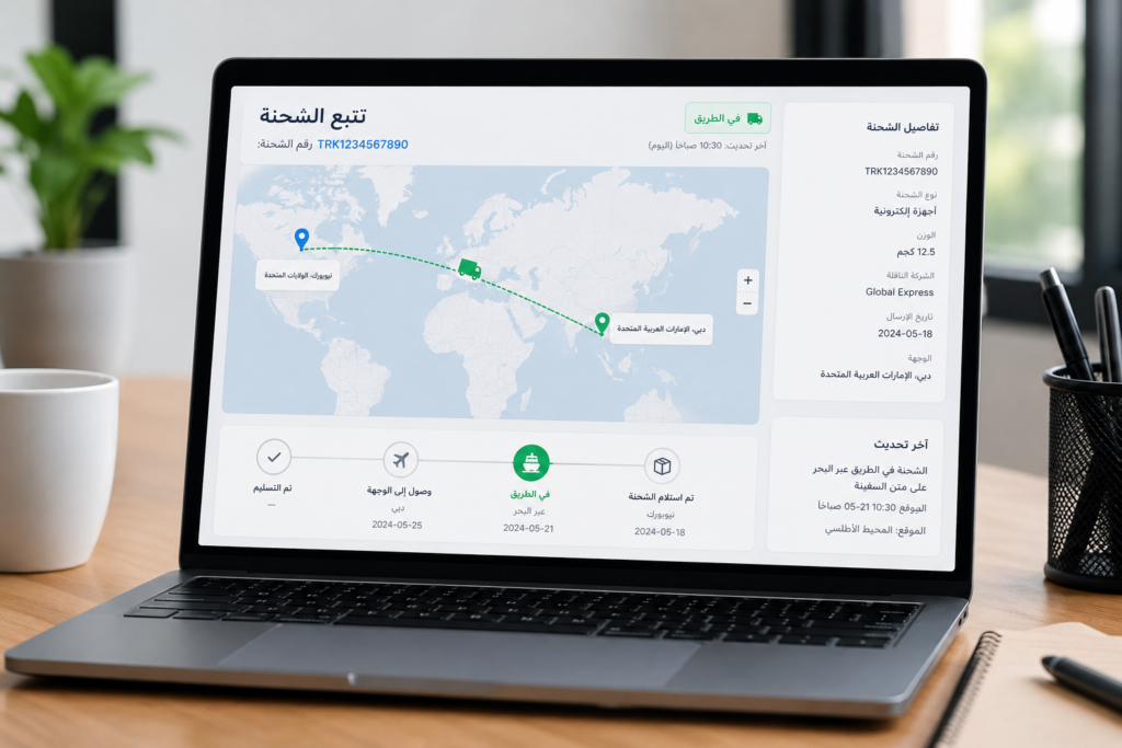 نظام تتبع الشحنات عبر الإنترنت
شاشة حاسوب تعرض خريطة تتبع شحنة دولية مع تحديثات مباشرة لموقع الشحنة أثناء النقل