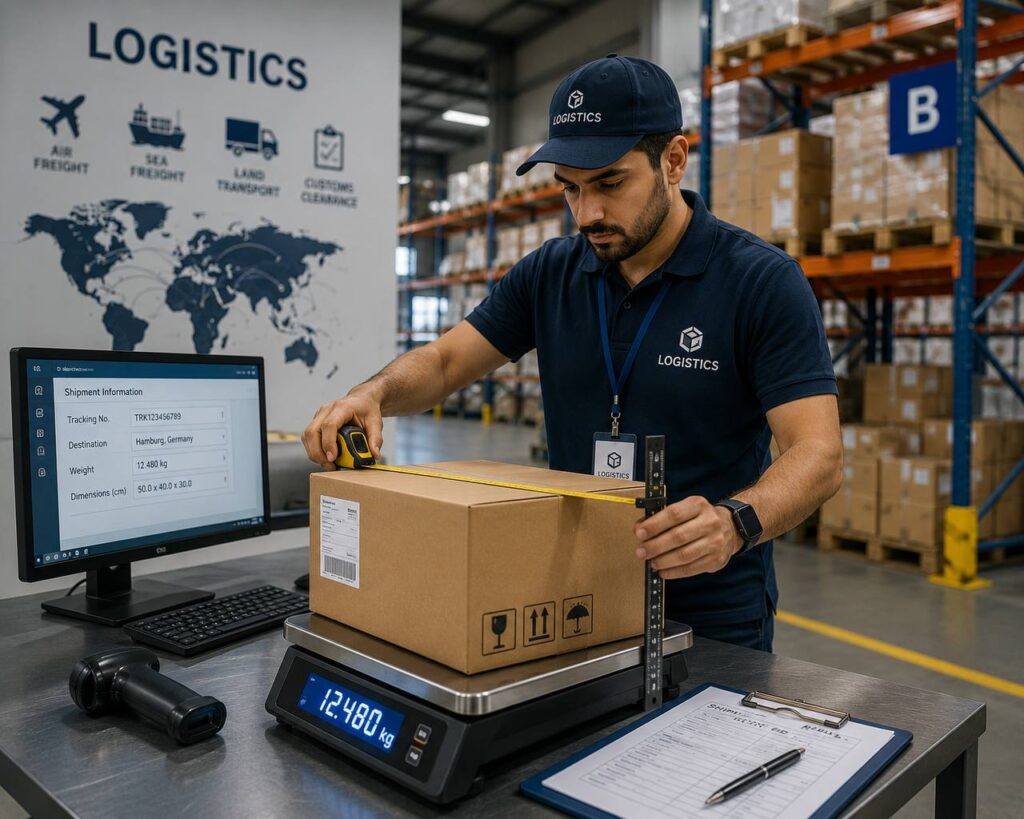 قياس وزن وحجم البضائع لحساب تكلفة الشحن من الإمارات 
