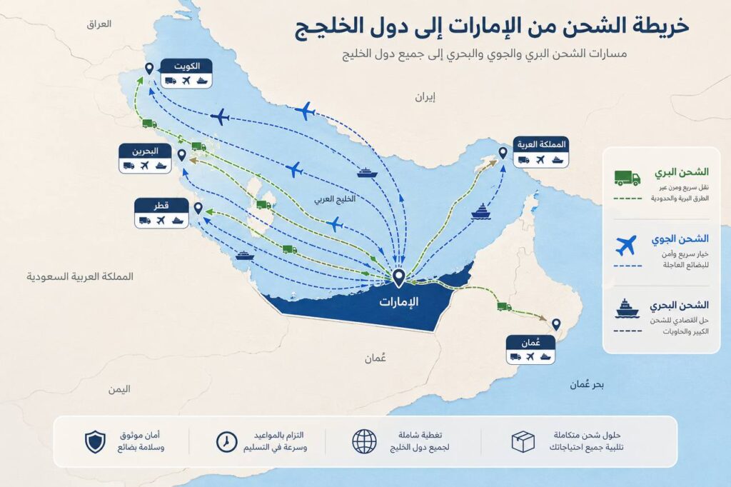 خريطة الشحن من الإمارات إلى دول الخليج
خريطة توضح مسارات الشحن البري والجوي والبحري من الإمارات إلى السعودية والكويت وقطر والبحرين وعمان