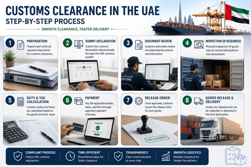 Step-by-step customs clearance process in the UAE showing document preparation, customs declaration, inspection, duty payment, and cargo release for import and export shipments.
