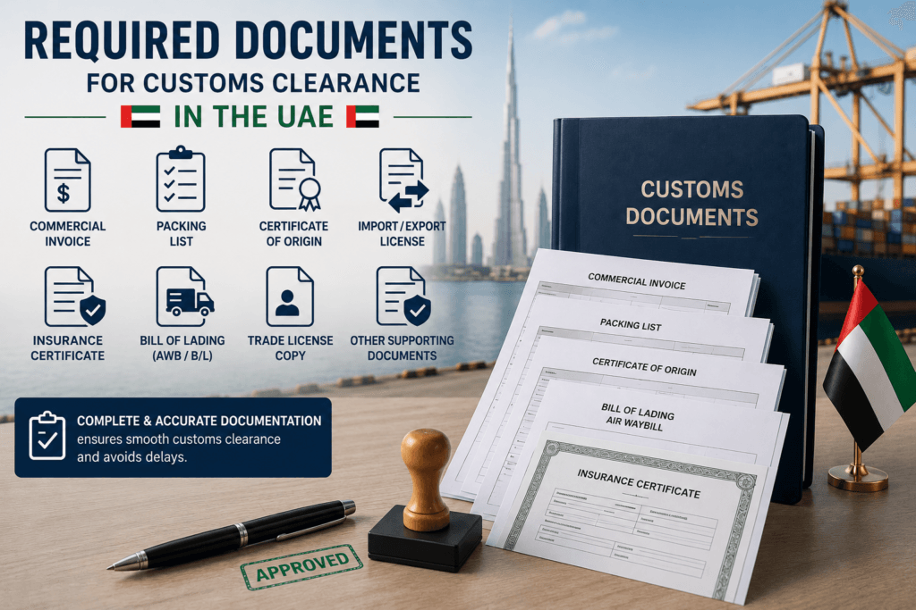 Required Documents for Customs Clearance in the UAE including commercial invoice, packing list, certificate of origin, bill of lading, and customs documentation.
