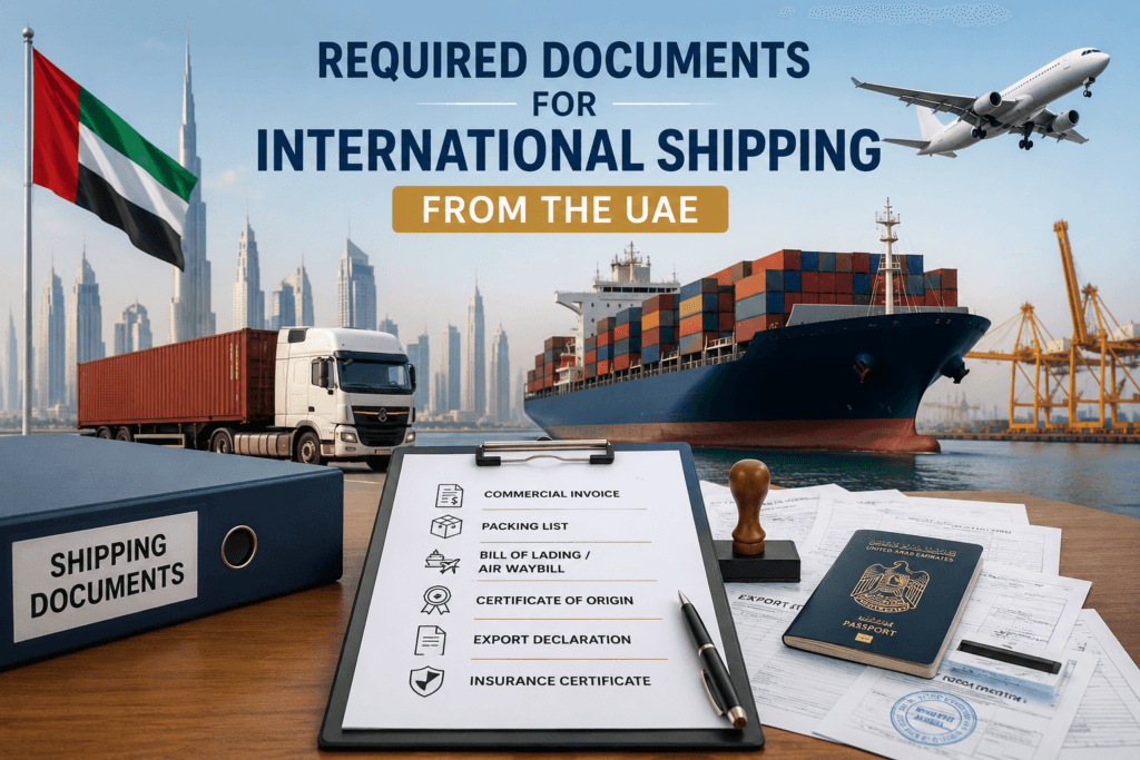 Required Documents for International Shipping from the UAE including commercial invoice, packing list, bill of lading, export declaration, and customs paperwork.