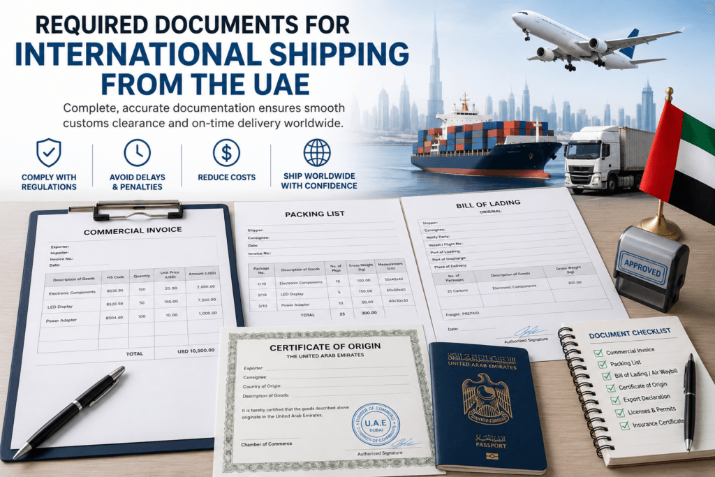 Infographic showing the required documents for international shipping from the UAE, including commercial invoice, packing list, bill of lading, certificate of origin, export declaration, and customs documents.
