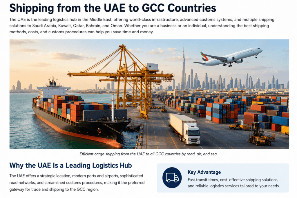 UAE logistics hub supporting road, air, and sea freight shipping to GCC countries
